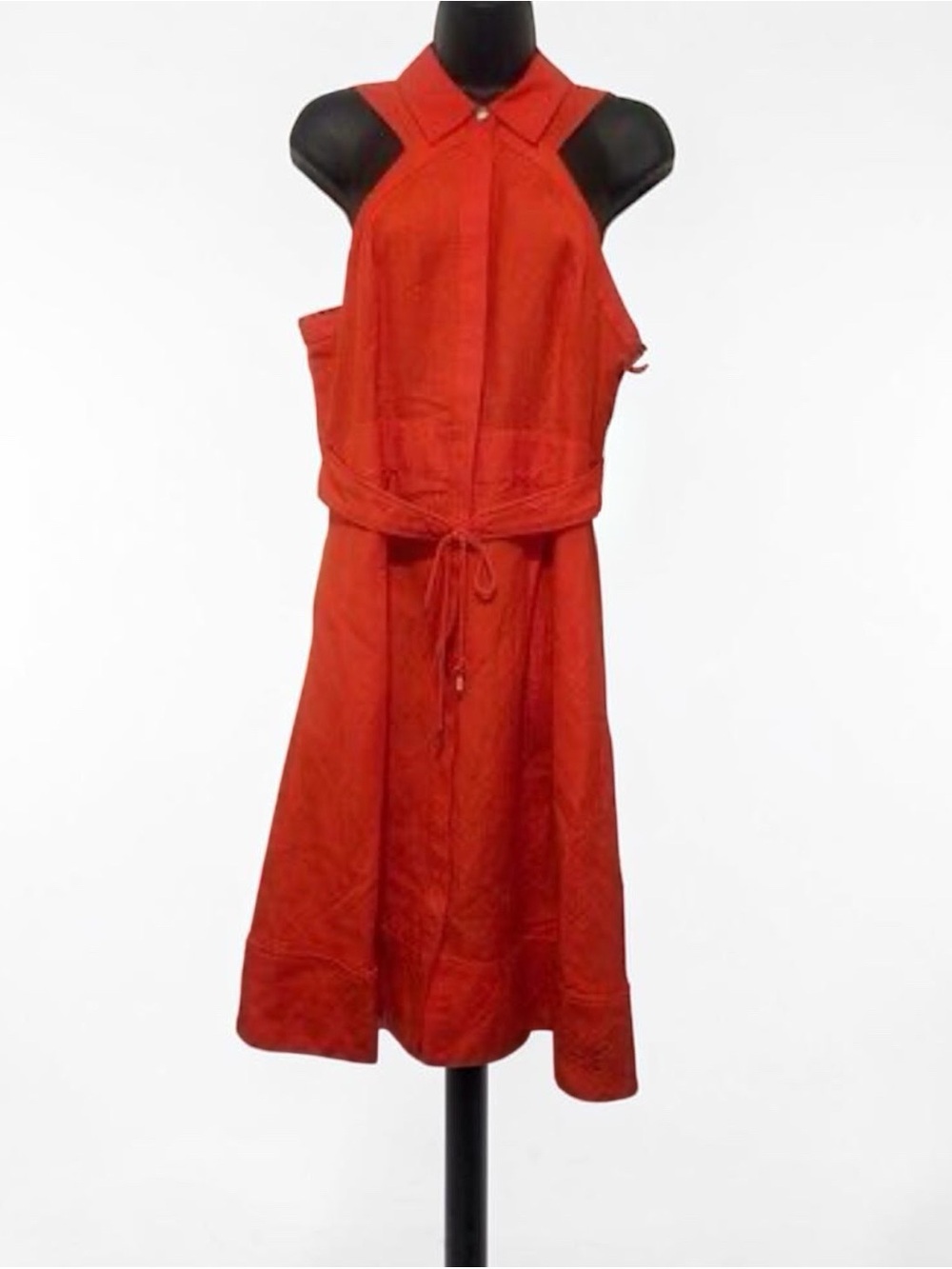 Karl Lagerfeld Red Sleeveless Collared Midi Dress with Waist Tie